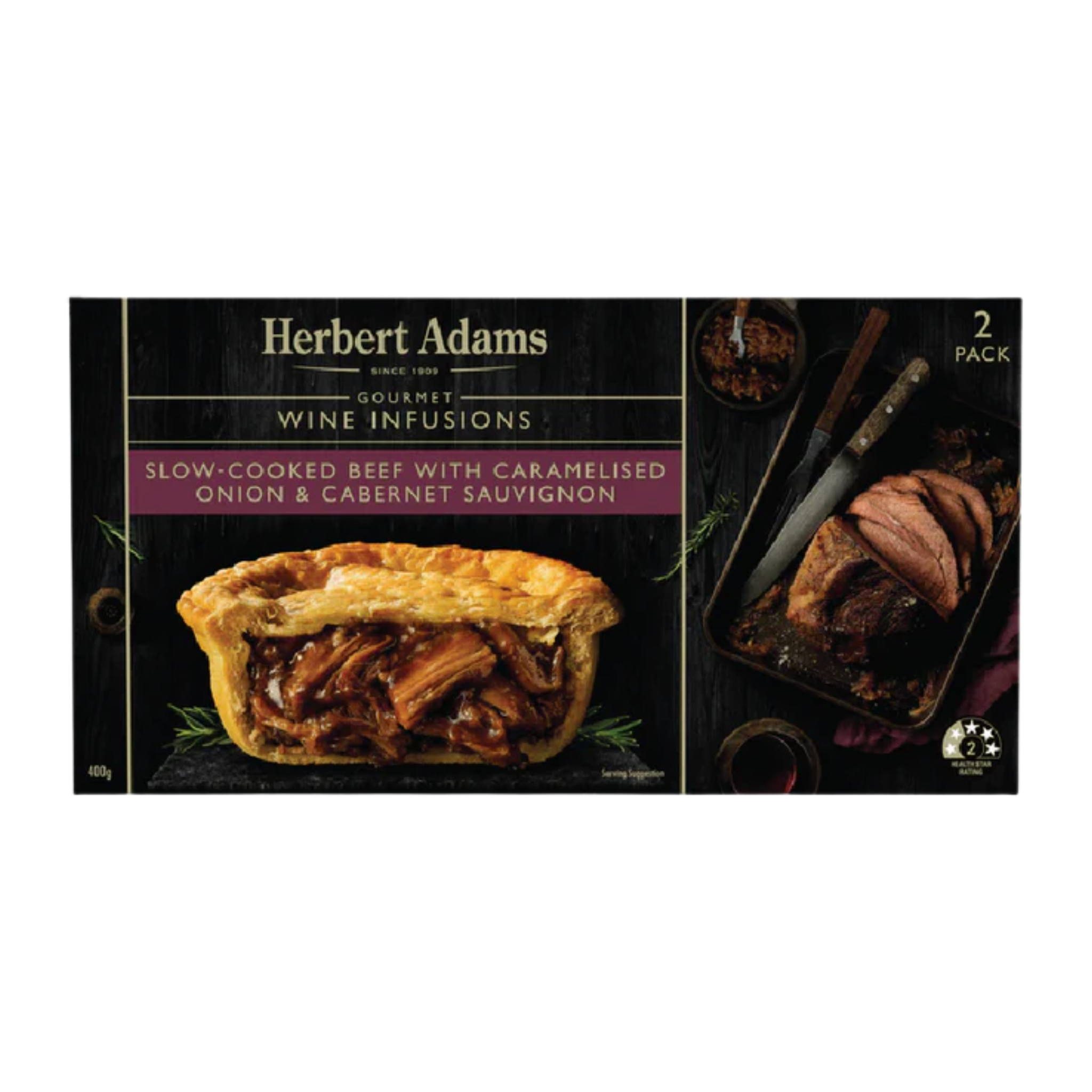 Australian Frozen Herbert Adams Slow Cooked Beef with Carmelised Onion & Cabernet Sauvignon Pies 2 pack