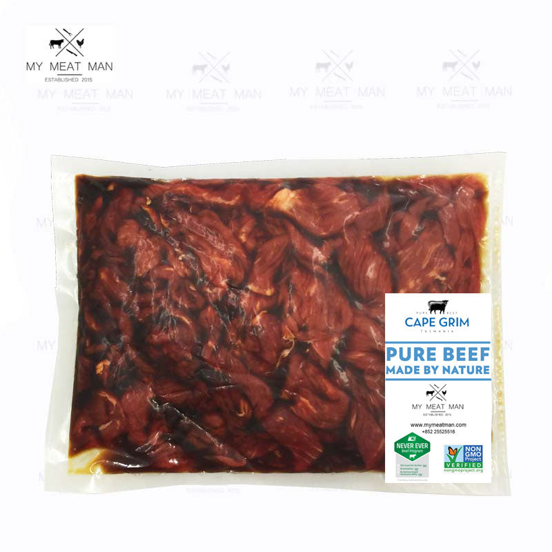 Australian Frozen Grass Fed Cape Grim Sirloin Beef Strips in Teriyaki Marinade - 500 g