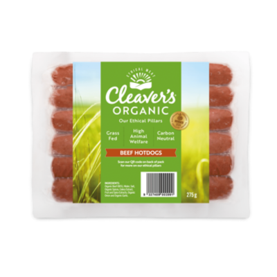 Australian Frozen Cleavers Organic Beef HotDogs 275 gm
