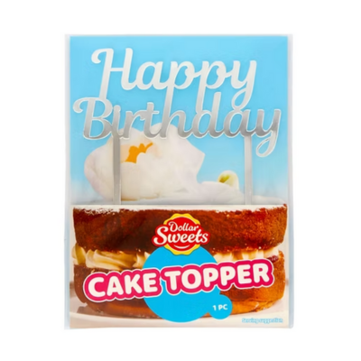 Dollar Sweets Small Happy Birthday Cake Topper Silver