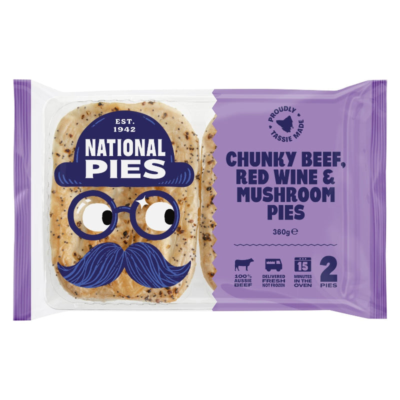 Australian Frozen Tasmanian Bakeries Proper National Pies Chunky Beef, Red Wine & Mushroom Pies - 360 gm