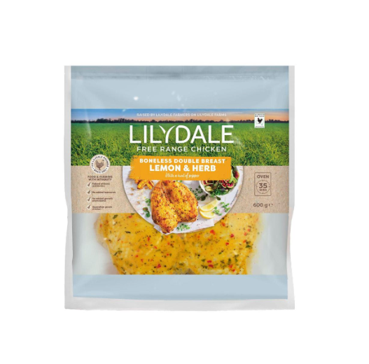 Australian Frozen Lilydale Accredited Free Range Boneless Double Breast Butterflied Chicken with Lemon and Herb 600g