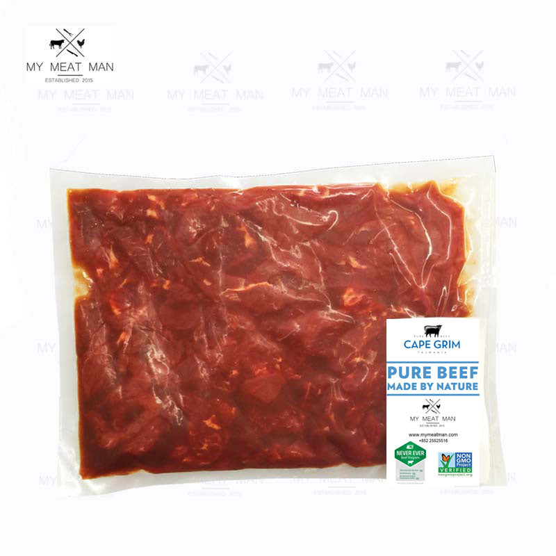 Australian grass-fed Cape Grim sirloin beef strips in a smoky BBQ marinade