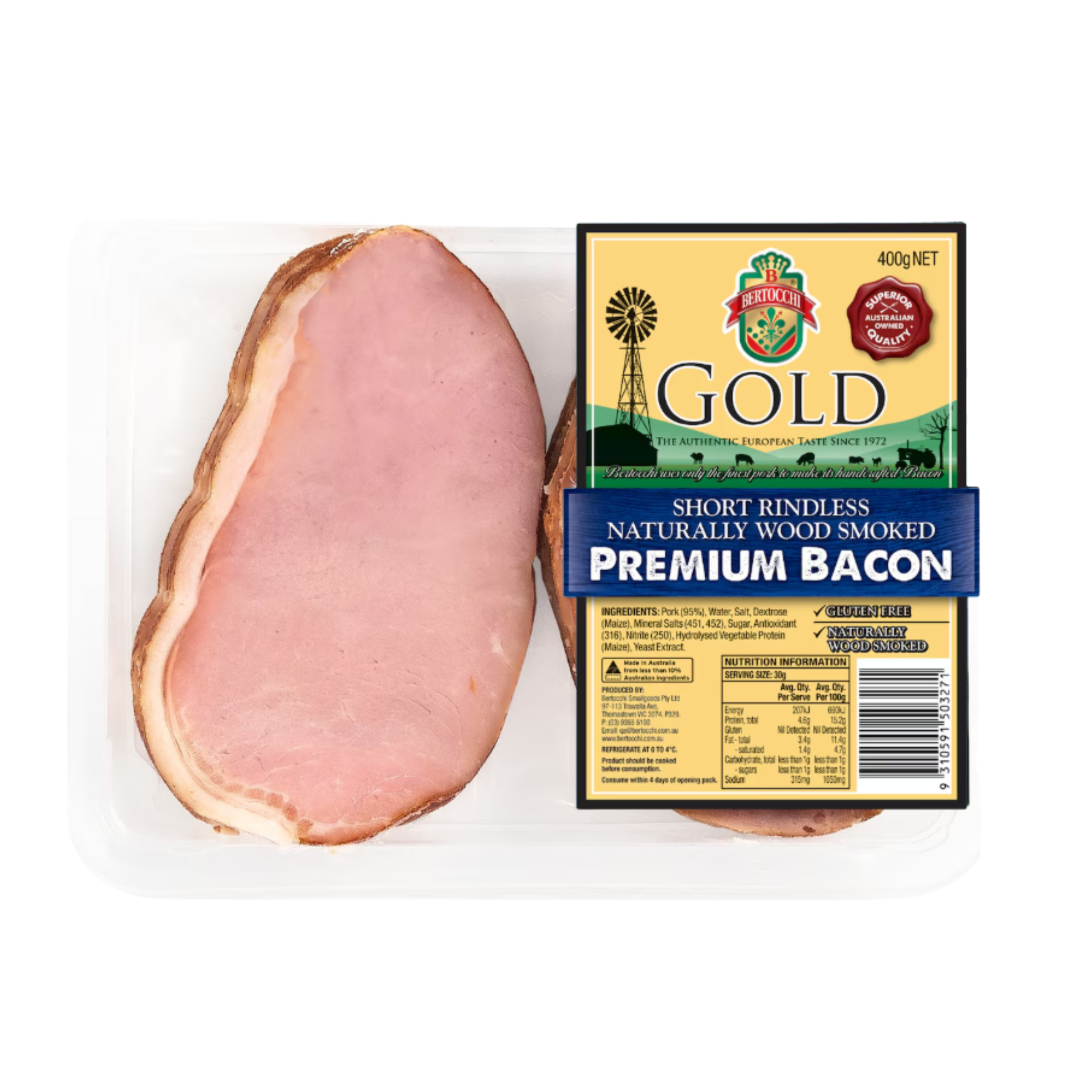 Bertocchi Gold Short Rindless Premium Bacon 400g (Frozen)