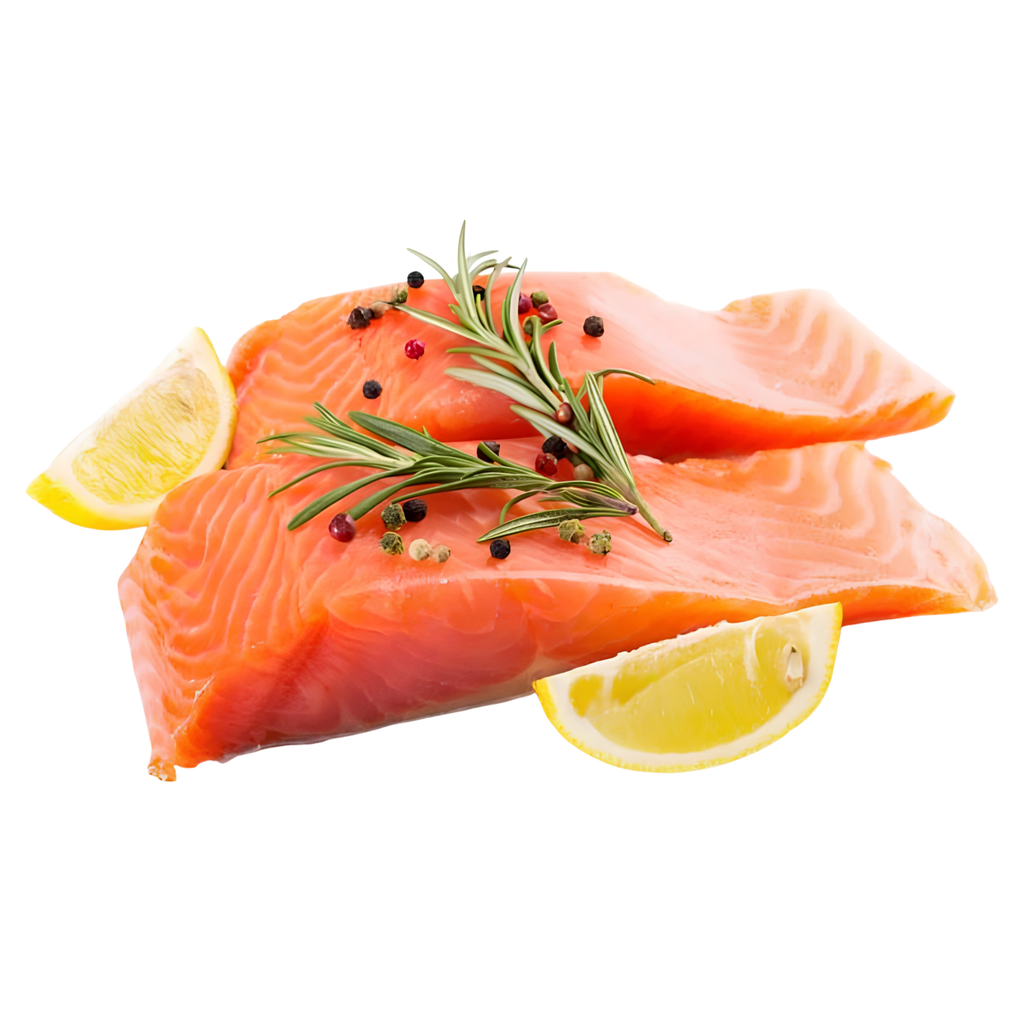 Wild King Chinook salmon whole side fillet on white