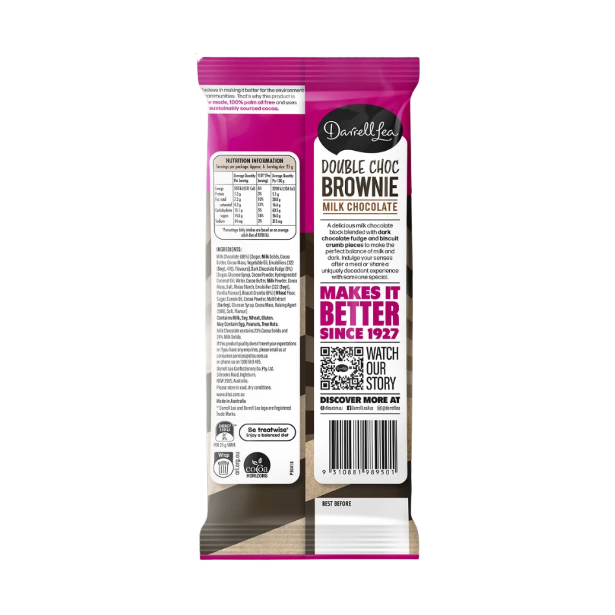 Darrell Lea Double Choc Brownie Milk Chocolate 160g — alternate angle