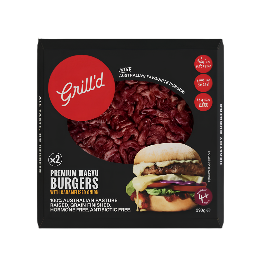 Grill'd Premium Wagyu Burgers with caramelised onion 2 per pack 290g