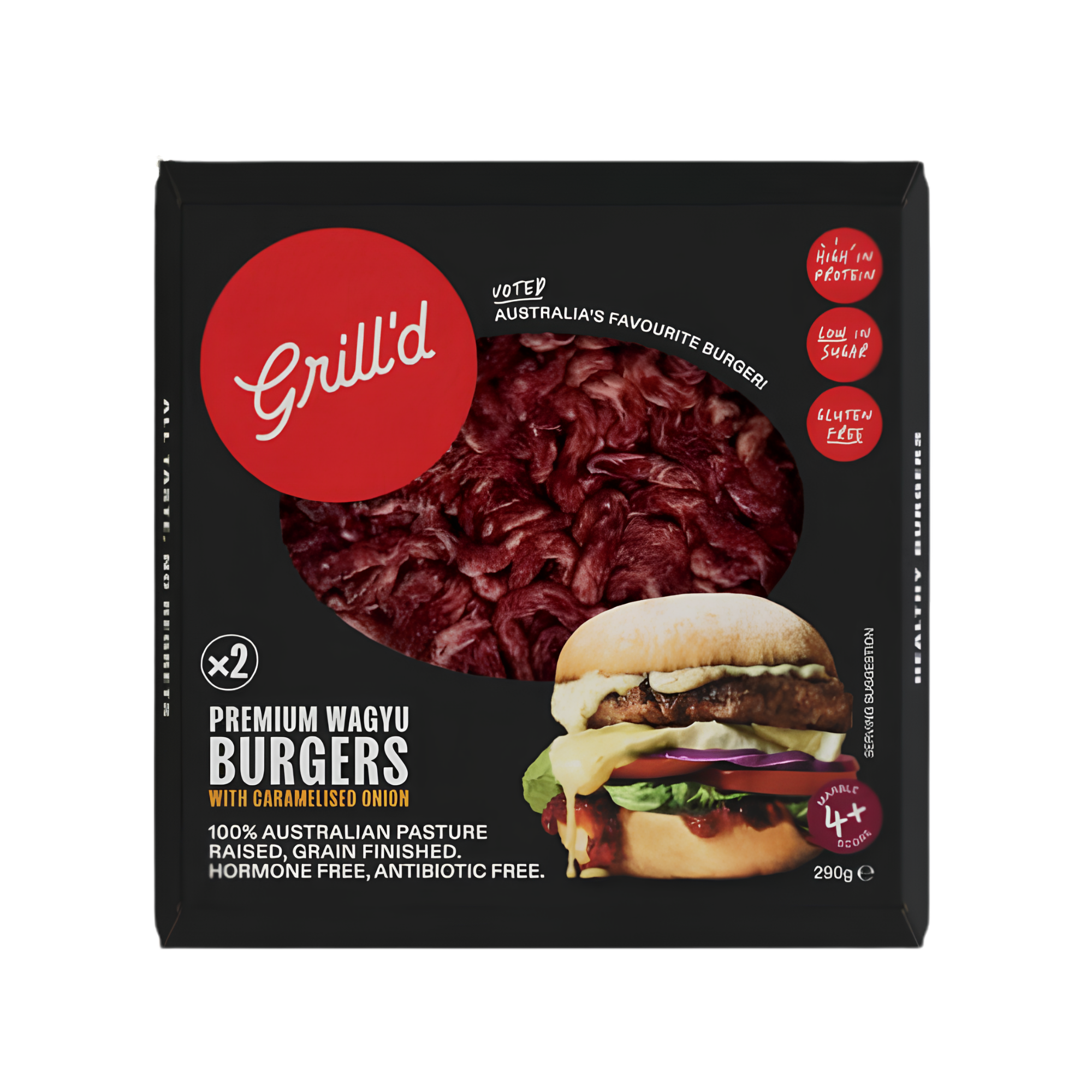 Grill'd Premium Wagyu Burgers with caramelised onion 2 per pack 290g