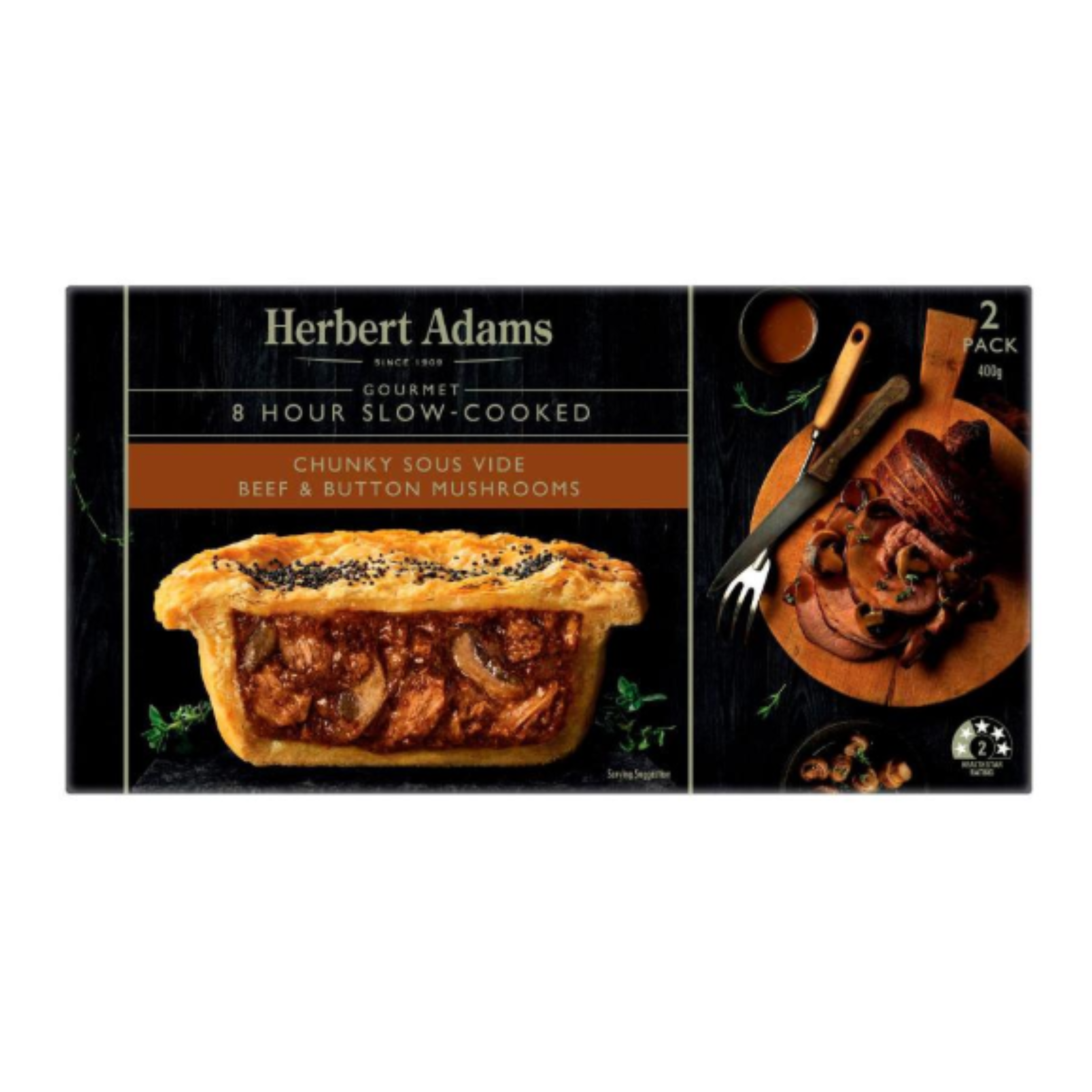 Australian Herbert Adams 8 Hour Slow Cooked Chunky Sous Vide Beef & Button Mushrooms 2 Pies 400g (Frozen)