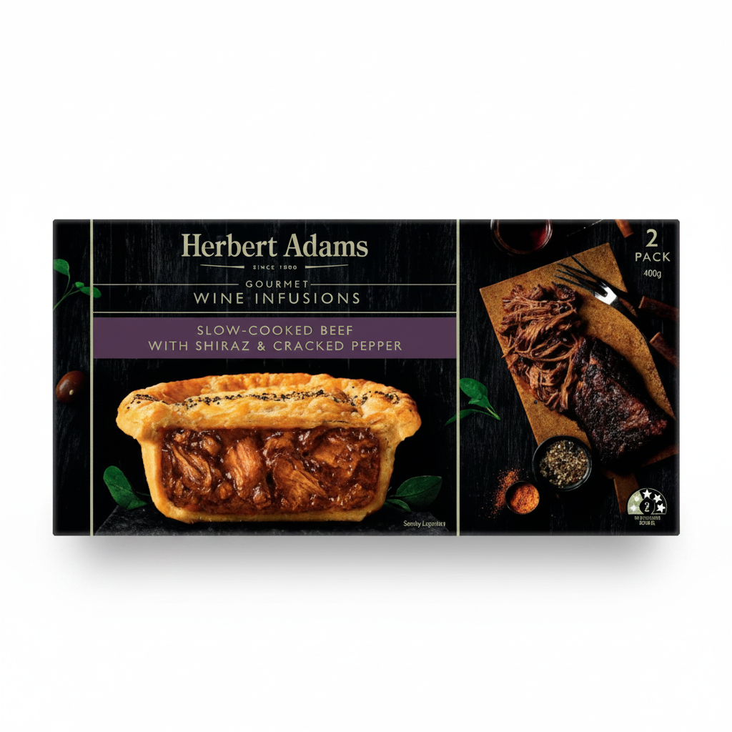 Australian Herbert Adams Slow Cooked Beef With Shiraz & Cracked Pepper Pies 2 pack