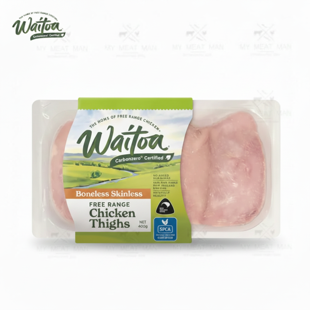New Zealand Frozen Waitoa Accredited Free Range Chicken Thigh Boneless Skinless Fillet 400g
